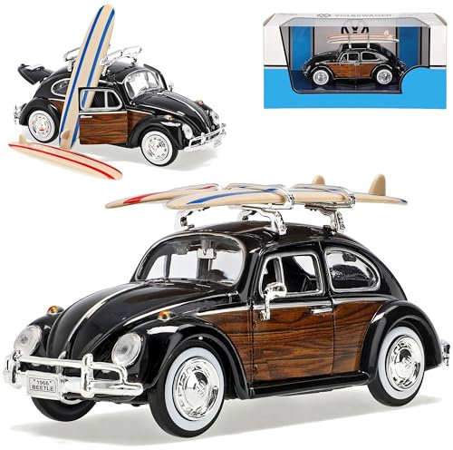 Motormax Volkwagen Käfer Schwarz mit Holzdesign und Surfbrett 1/24 Modell Auto