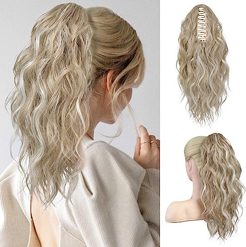 FLUFYMOOZ Ponytail Extension Pferdeschwanzverlängerung, 46 cm Klauenclip Pferdeschwanzverlängerung, gewellte lockige Klauenclip in Pferdeschwanz Haarverlängerungen (Hellblond mit Highlights)