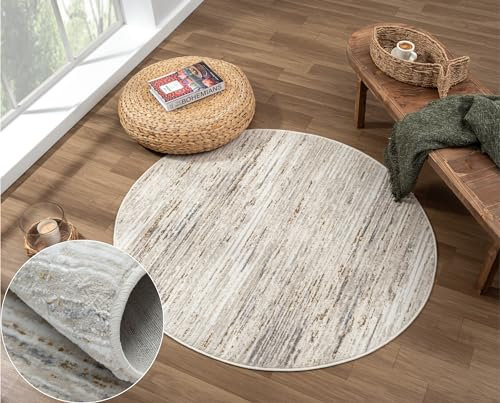 MY-RUG Teppich Amalie rund Creme 120 x 120 cm Runder Esszimmerteppich in kurzflor, Badezimmerteppich in Beige Grau meliert für das Wohnzimmer