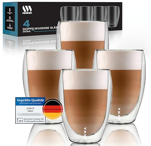 ANWA® 4 Doppelwandige Thermogläser (350ml Volumen) - Kaffeegläser - Cappuccino Gläser - Latte Macchiato Gläser