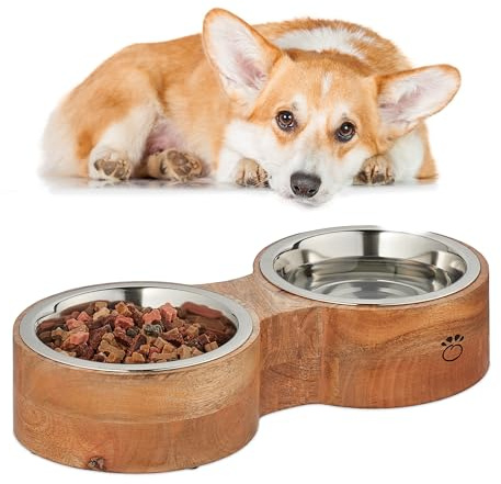 Relaxdays Support avec gamelles, Chiens, 2 Bols en Acier Inoxydable de 1 L, HxLxP : 8 x 39,5 x 18 cm, Nature - argenté