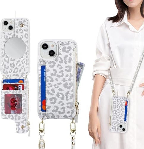 SailorTech for iPhone 14 Case with Credit Card Holder magsafe, iPhone 14 Phone Leather Case Wallet for Men Crossbody with mag safe Zipper Shockproof Case for Women - White Leopard