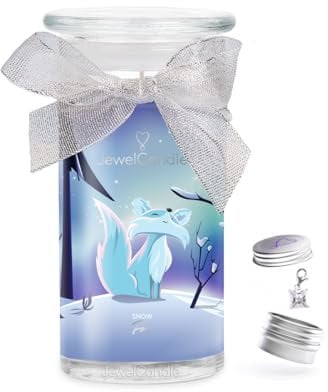JuwelKerze Snow Fox Charm Silber - große Schmuckkerze 80 Std - Duftkerze mit Gourmand-Duft - Kerze mit Schmuck Überraschung - Geschenke für Frauen