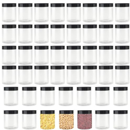 YUENPUN 46 PCS 250ml Clear Plastic Jars with Black Lids, 8oz Round Empty Plastic Storage Jars Small for Jam, Sweets, Spices, Crafts