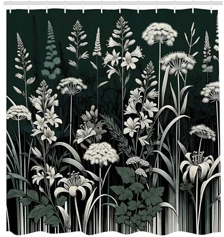 ABAKUHAUS Dunkelgrün Duschvorhang, Vintage botanische Wiesen Kunst Design von Blumen und Blättern, Stoffliches Gewebe Badezimmerdekorationsset mit Haken, 175 x 200 cm, Dunkles Resedagrün