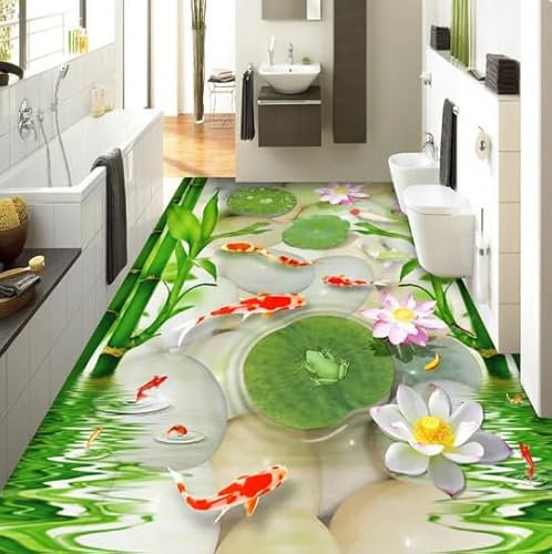 Individuelle Fototapeten Im Chinesischen Stil, Fisch, Kieselsteine, Bambus, Lotus, 3D-Bodenfliesen, Wandtapete, Wohnzimmer, PVC-Aufkleber,200cmX140cm