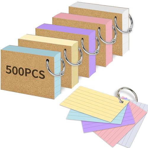 Rhimooay 500 Stück Karteikarten A8 liniert, 220g/m² Verdickte Karteikarten, Vokabelkarten Lernkarten Flashcards mit 10 Binderinge und 20 Stück Kraftpapier für Unterwegs Vokabel Lernen, 5 Farben