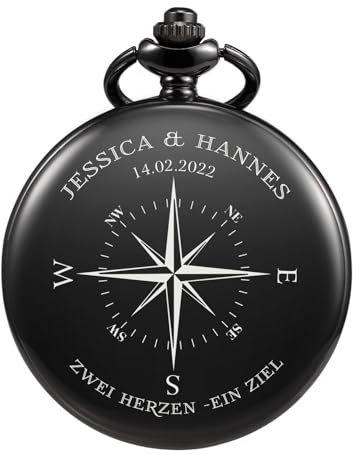 TREEWETO Taschenuhr mit Gravur, Personalisiertes Hochzeitsgeschenk, Geschenk für Paare mit Kompass, Personalisiert mit Namen und Datum, Schwarz