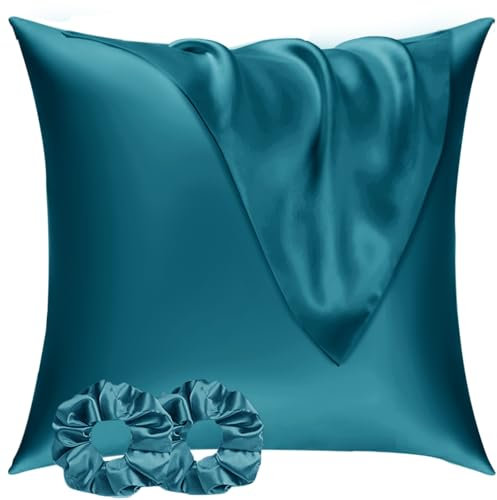 Satin Kissenbezug 60x60 2er Set & 2 Haargummis, Satin Kopfkissenbezug 60x60 Petrol, Weich wie Seidenkissenbezug 60x60,Bessere Pflege als Silk Pillosecase,Kissenhülle Kissenbezug für Haar und Haut