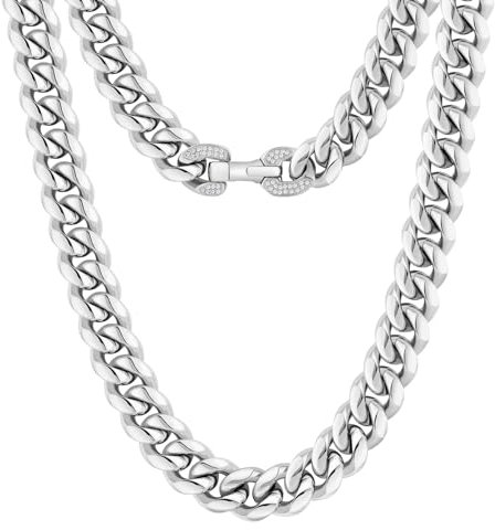 KRKC&CO 12mm Herren Panzerkette mit Iced Out Verschluss, Weißgold plattiert Cuban Link Chain, Edelstahl Miami Kubanische Gliederkette Silberkette, Hip Hop Kette für Männer Jungen [Größe 50,8cm]
