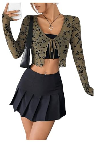 GORGLITTER Women's Sheer Mesh Tie Front T Shirt Long Sleeve V Neck Tee Sexy Crop Tops Lightweight Cardigan Army Green L