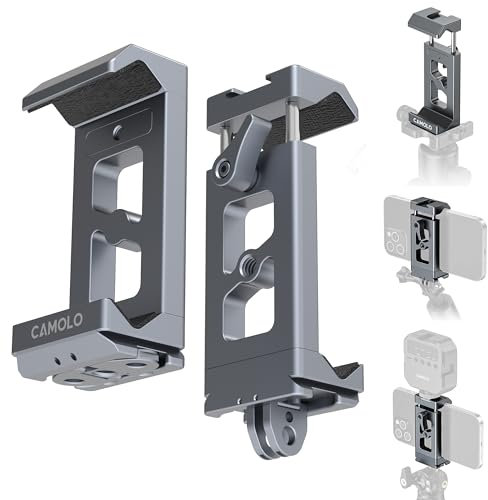 CAMOLO Metal Phone Tripod Mount,Mobile Phone Holder Tripod Adapter,3 in 1 Cell Phone Clamp Stand Holder with Arca-swiss&1/4 screw Compatible with iPhone,Action Camera,GoPro,Selfie,Recording