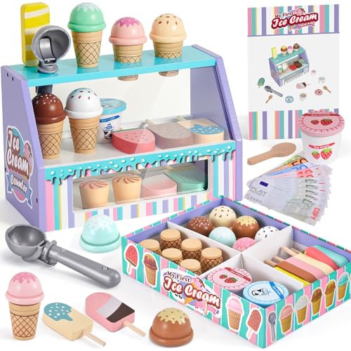 Atoylink Eisdiele Holz Kinderküche Zubehör Mit Kaufmannsladen Kaufladen Spielgeld Einkaufsladen Eisstand EIS Spielzeug Geschenk für Kinder Mädchen 3-6 Jahre