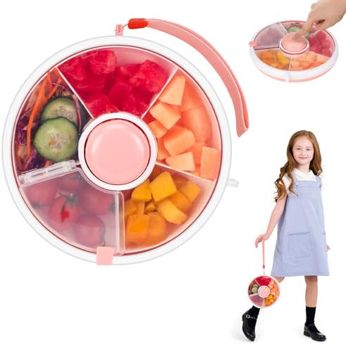 Farerkass Snack Spinner, Snackbox mit Fächern, Runde Snackbox Kinder, frei von BPA und PVC Snackbox mit Fächern Kinder mit Deckel, Snackbehälter für Outdoor, Familien, Party (Rosa)