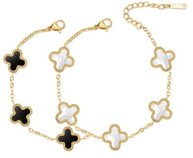 AOWVUTS 2 Stück Armband Damen Gold Vierblättriges Kleeblatt Armband Set 18 Karat Vergoldet Armband Edelstahl Verstellbare Glücksbringer mit Klee Gold Schmuck Geschenk für Frauen Mädche