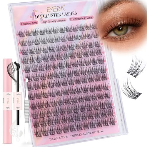 Kit de extensiones de pestañas individuales DIY 13mm kit Pestañas en racimo naturales y Wispy Racimos de pestañas DIY con pegamento and seal y pinzas (EME134 13mm)