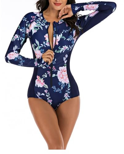 Kuukaas Long Sleeve Swimsuits for Women Zip Front Swimsuit Women Floral One Piece Swimsuits Long Sleeve Rash Guard Swimwear Bathing Suit M