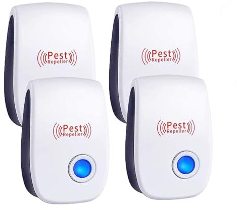 HNYGS-EU Repelente Ultrasónico Mosquitos Control de Plagas para Las Moscas, Cucarachas, Arañas, Hormigas, Ratas y Ratones, Insectos, Antimosquitos Electrónico Extra Fuerte para Interiores (4 Pack)