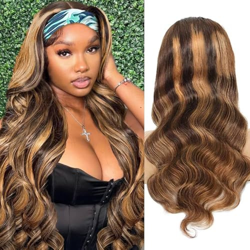 higher Ombre Headband Human Hair Wigs #4/27 Highlighting Body Wave Headband 16 Inch Glueless No Lace Front Brazilian Virgin Wig