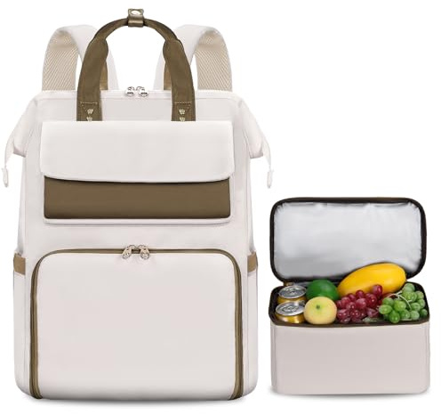 BERTASCHE Lunch Backpack for Women, Laptop Backpack with Lunch Compartment | 15.6 Inch Work Rucksack with Insulated Cooler Lunch Bag, College Backpack for Teacher Nurse Office Travel Picnic, Beige