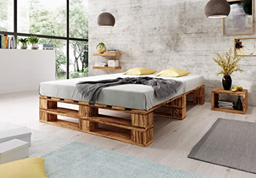 Lermowood Palettenbett M2 aus Holz 160 x 200 cm Geflammt mit Lattenrost Holzbett 30cm Stabiles Seniorenbett Kinderbett Jugendbett Gästebett erhöhtes Einzelbett Bettgestell Futonbett Komforthöhe