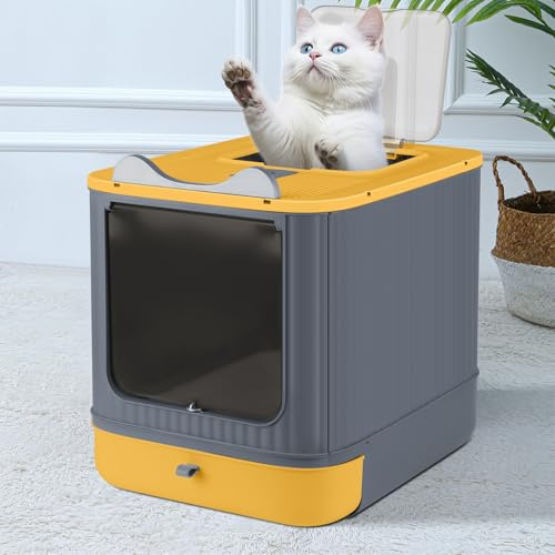 Grande Maison de Toilette Chat Pliable,Bac de Tiroir et Pelle à Litière,Portable,Bac à Litière Fermé Compartiment Inférieur Amovible pour Un Nettoyage Facile44,5 * 36,5 * 34,5 cm- Jaune