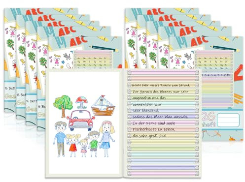 jiawaggag 10 StückGeschichtenheft 2. Klasse Din A4 2G Schreibheft Lineatur 2 Farbig Liniert für Schreiben und Malen 16 Blatt 80 g/qm