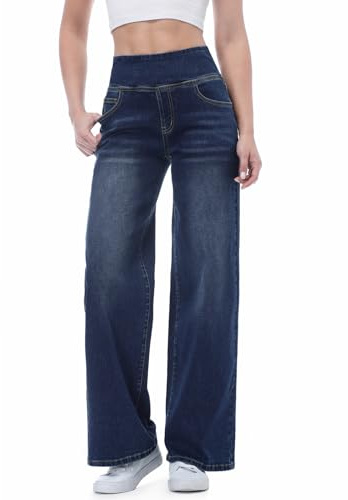 Chasehot Jean Femme, Taille Haute, Coupe Droite, Straight Jeans, Mode Baggy, Jambes Large, Pantalon Femme, Taille Elastique, 4 Poches, Indigo Foncé, XL, 29