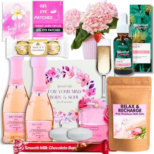Prosecco Gift for Women, Birthday Gifts for Women Friends, Unique 21st 30th 40th 50th Gift Set for Her, Birthday Pamper Gifts Her, Pamper Sets, Mother's Day Hamper (Pink)