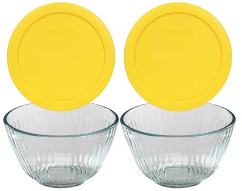 Pyrex (2 Sets 7401 3 Tassen geformte Glas-Rührschüssel und (2 Sets) 7401-PC gelber Deckel (3 Tassen, gelber Deckel, 2 Stück)