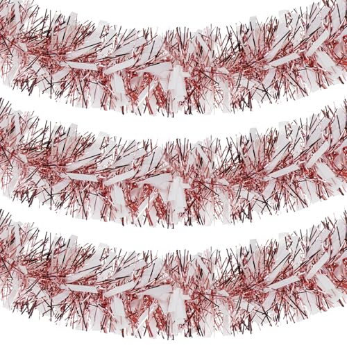Rose Gold White Christmas Tinsel Garland, 10m/32.8ft Chunky/Fine Christmas Tree Hanging Tinsel Decoration Metallic Tinsel Xmas Decoration for Wall Fireplace Xmas Tree Decor (Rose Gold White)