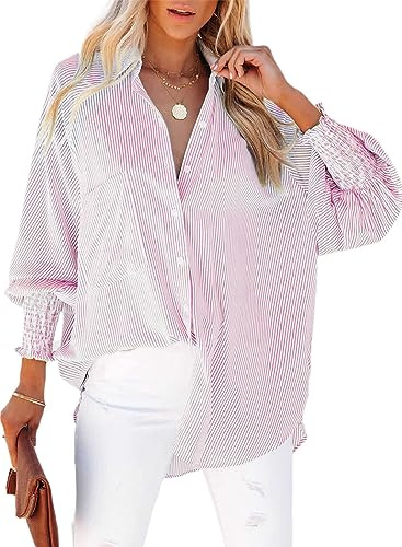 Chicrise Chemisier à Rayures pour Femme - Manches Longues - Boutonné - Grande Taille - Léger - avec Poche - Chemise Basique décontractée, Rose, M