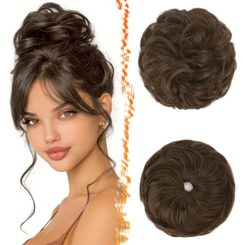 BARSDAR 2 Stücke Messy Bun Haarteil Mit Gummiband, Haar Dutt Haargummi Extensions für Damen Synthetisch Haaren Hochsteckfrisuren Dickes Haardutt Haarverlängerung Haarteile - Mittleres Kastanienbraun