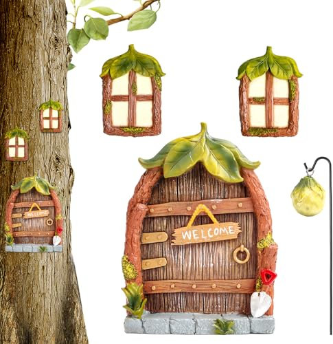 MplehDa Miniatur Fee Garten Tür Garten, Feentür Garten Feen-Tür und -Fenster für Bäume, Vintage Märchengeheimnis Pflanzenhaus, Glow in The Dark Miniatur Feentür für Baumstamm