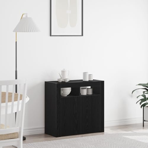 Pangshiyuan Aparador de TV LED de madera con chapa de roble negro, 2 puertas, iluminación LED, espacio de almacenamiento para salón, diseño moderno, 80 x 35 x 75 cm