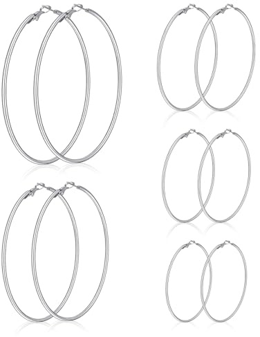 MBAIYO 5 Paare silberne Creolen, Edelstahl Leichte Dünne Damenohrringe Kreis Silber Creolen Statement silberne Hoop Kreis für Mädchen Damen 30/40/50/60/70 mm