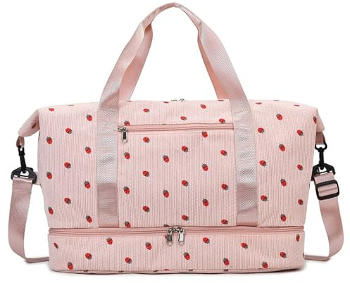 Sac de Sport Femme, Sac de Voyage Pliable Grande Capacité avec Compartiment à Chaussures et Poches Humides Imperméables, Sacs Fourre Tout Leger pour Fitness, Piscine et Sport, 20-35L (Rose)