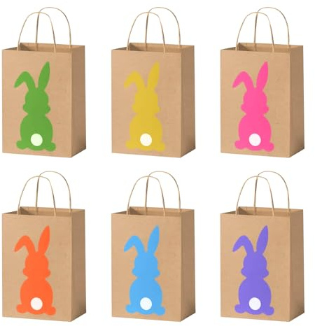 12 Stück Geschenktüten Ostern, 6 Farben Osterhasen Taschen mit Griff, Ostertüten Ostern Kraftpapiertüten für Ostereiersuche, Geschenkverpackung, Süßigkeiten, Kekse, Schokolade, 15 x 21 CM