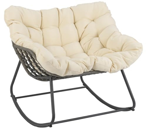 COSTWAY Schaukelstuhl für drinnen & draußen, übergroßer Schaukelsessel mit dickem & abnehmbarem Kissen, Relaxsessel für Balkon, Garten & Wohnzimmer, Beige