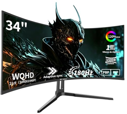 CRUA 34 Pouces Écran PC Gaming Incurvé 180HzH165Hz,Moniteur PC WQHD 3440x1440,1ms VRB, 2X*HDMI 2.1 00Hz & 2*DP 1.4 180Hz|165Hz,VESA 75 * 75mm Réglable en Hauteur,FreeSync Premium