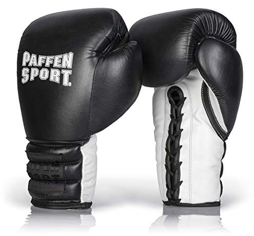 Paffen Sport «PRO LACE» Boxhandschuhe aus echtem Leder für das Training und Sparring im Kampfsport (Schwarz/Weiß, 16UZ)