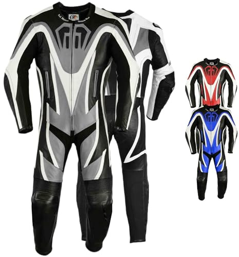 German Wear Motorrad Lederkombi aus Rindsleder, Einteiler, Grau, Gr. 52/L | Aus 100% Kalbsleder mit Protektoren, Rückenbuckel und Stretch-Einsätzen für Komfort und Bewegungsfreiheit.