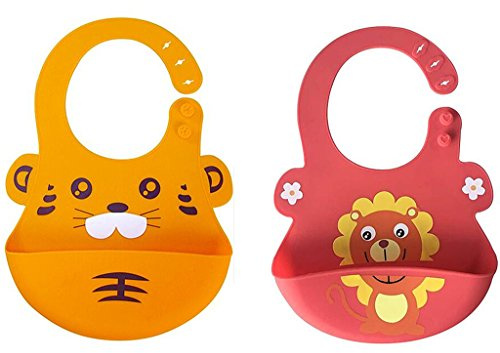 Chilsuessy Silikon Lätzchen mit praktischer Auffangschale für Babys und Kleinkinder wasserdicht, leicht abwaschbar, 2pcs Tiger+Loewe