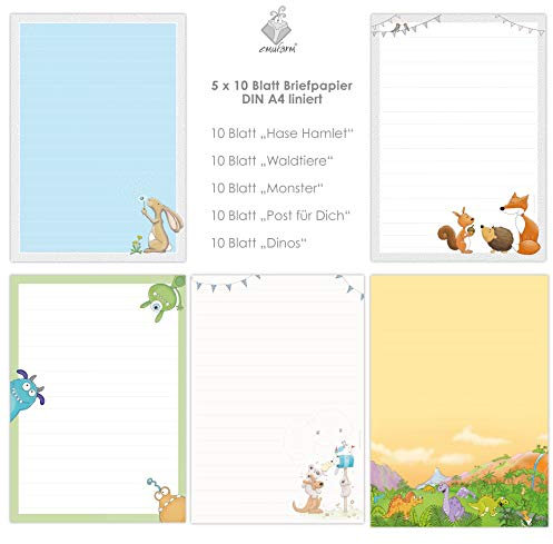 niedlicher BRIEFPAPIER-MIX 5 x 10 Blatt DIN A4 für Kinder mit Linien insg. 50 Blatt/Briefpapier Kinder/Briefpapier für Jungs und Mädchen