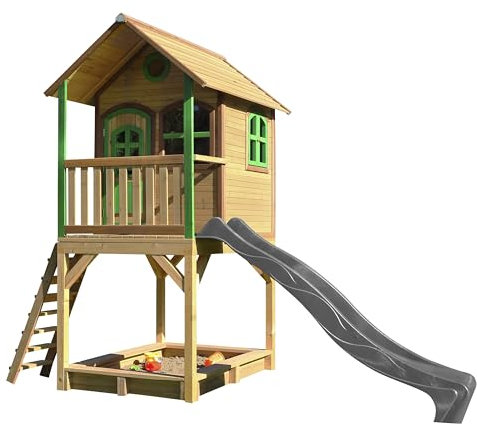 AXI Spielhaus Sarah mit Sandkasten & Grauer Rutsche | Stelzenhaus in Braun & Grün aus FSC Holz für Kinder | Spielturm mit Wellenrutsche für den Garten