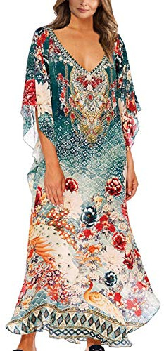 YOUKD Vestito Lungo Maxi da Spiaggia in Caftano Etnico Lungo Bohemien Cover Up Dress per Donna