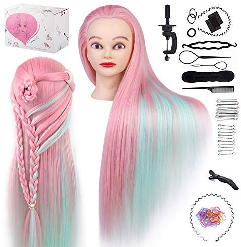 TwoWin Friseurkopf mit Haaren, 28 Zoll (71 cm) 100% Synthetischer Übungskopf, Trainingskopf Friseur Styling & Friseurpraxis mit DIY Haare Frisuren Set (Rosa-Grün)