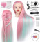 TwoWin Friseurkopf mit Haaren, 28 Zoll (71 cm) 100% Synthetischer Übungskopf, Trainingskopf Friseur Styling & Friseurpraxis mit DIY Haare Frisuren Set (Rosa-Grün)