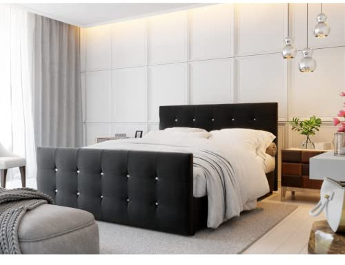 PAMIR-Möbel Bett Designer Bett mit Bettkasten Cleo | Boxspringbett mit Bonell-Matratze, 2 Bettkästen mit dekorativen Knöpfen im Kopfteil | Gesteppte Kopfstütze | 180x200cm | Schwarz