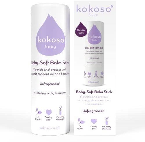Kokoso Baby Soft Balm Stick, Unfragranced, Great for Dry Hands, Sore Lips and Chapped Cheeks, Protects Dribbly Chins and Soothes Dribble Rash, 100% Natural & Organic Ingredients, 13g